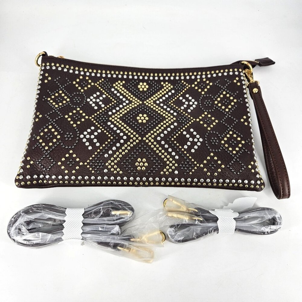 Studded Wristlet Clutch Purse Bag Brown Gold Silver Accents 2 Detach Straps 11x7